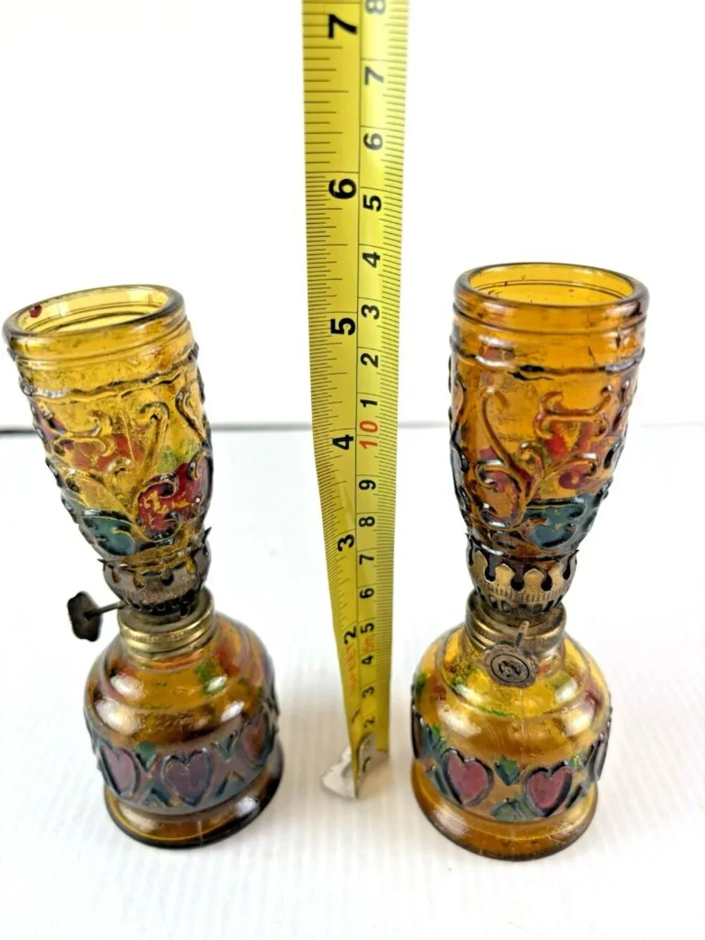 2 Vtg Multi Color Heart Stained Glass Style Oil Lamps Hong Kong 5.25
